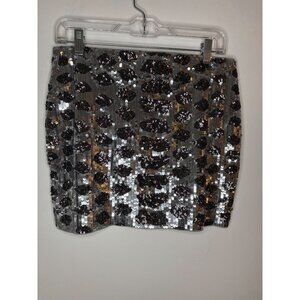 EXPRESS NEW Sequined Mini Skirt Womens S Silver Black Pull On Stretch Holiday